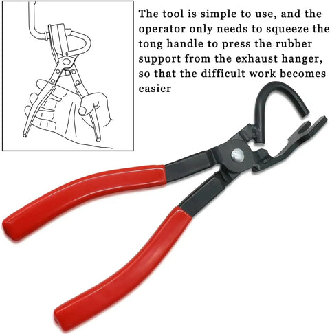 Exhaust Hanger Removal Tool Pliers compatible with all exhaust rubber hangers, red handles, high-carbon steel for durability.