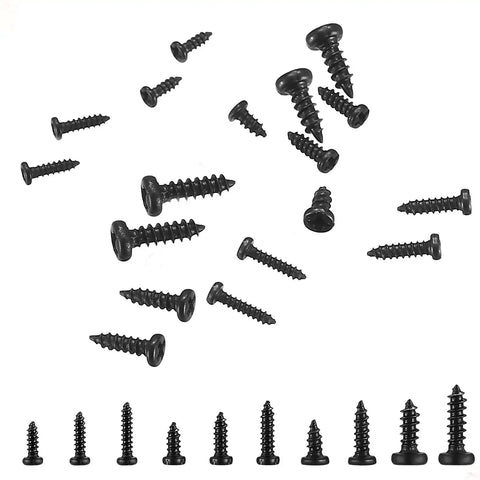 1000 Pcs Small Pan Head Screws Assortment Kit Micro Tiny Self Tapping Machine Screws For Glasses Watches Phones Electronic Repair DIY Projects Pro Grade Metal Fasteners. Assorted mini black screws displayed in a row and scattered above.