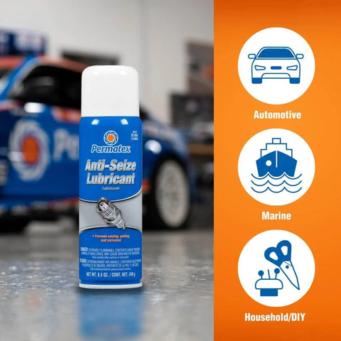 Anti Seize Lubricant Aerosol Can 12 Oz pack of 12, marine-grade, salt and moisture resistant for automotive and marine use.