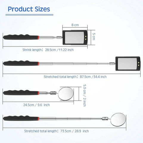 Cool 2 Piece Lighted Telescoping Inspection Mirror Set With Flexible Retractable LED Round Dental Mirror for size view