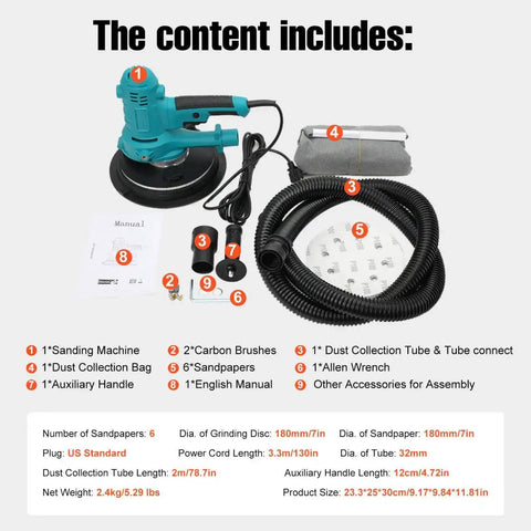 Variable Speed Handheld Electric Drywall Sander With Automatic Vacuum System, collection bag, and accessories displayed on a white background