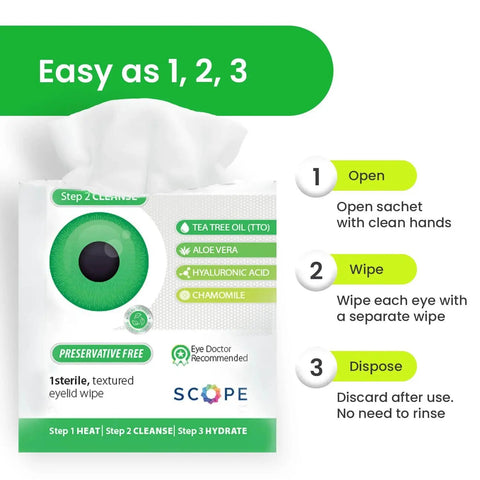Tea Tree Oil Eyelid Cleansing Wipes Wrapped Preservative Free For Daily Use with instructions on use