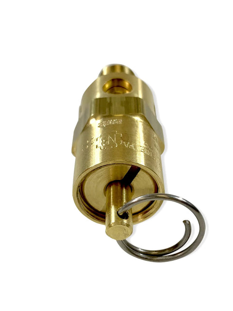 Brass 1/8 in NPT industrial hard-seat safety pressure relief valve with keyring attachment.
