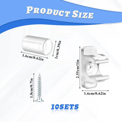 Product dimensions of 10 Pairs False Drawer Front Clips With Screws For Cabinet Installations, showing clip and screw measurements