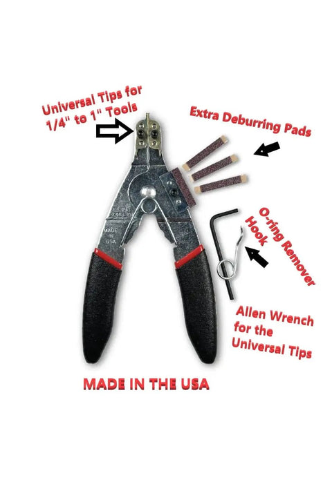 Just Clips Snap Ring Tool Kit With Clips And O Rings Snap Ring Pliers And Pro Grade Patented ClipKey For One Quarter To One Half Inch Rings Universal Tips For Pneumatic And Cordless Impact Wrenches Installation Made Easy showing pliers, O-ring remover, and deburring pads