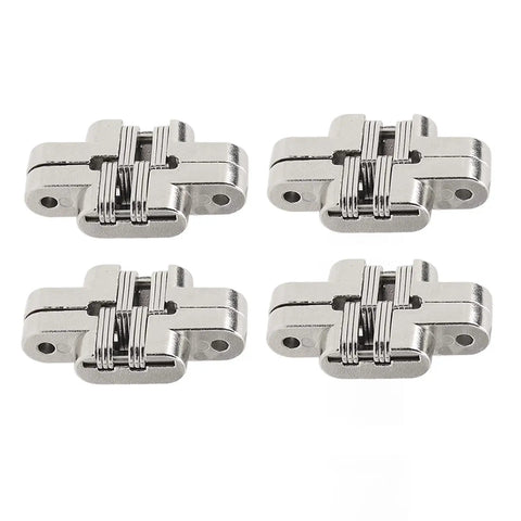 4-piece Mini Zinc Alloy Cross Hidden Hinge Set for Cabinets and Jewelry Boxes, 180 Degree Swing, Invisible Hinge for Wood and Metal Doors