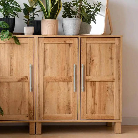 Wooden cabinet with Premium Brushed Nickel And Gold Cabinet Pulls Set Ten Pack For Kitchen Cabinets Cupboards And Dressers Eight And Thirteen Sixteenths Inch Length Six And One Quarter Inch Center To Center With Included Screws For Easy Install.