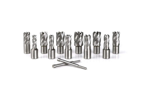 Heavy Duty Annular Cutter Set For Magnetic Drill Press 13 Piece With One Inch Cutting Depth And Weldon Shank Three Quarter Inch Diameters From Seven Sixteenths To One And One Sixteenth Inch With Two Pilot Pins By OSCARBIDE