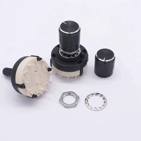 Rotary Switch RS26 1P12T 12 Position Band Selector Switch with knobs and nuts, side view, for radio and DIY electronics