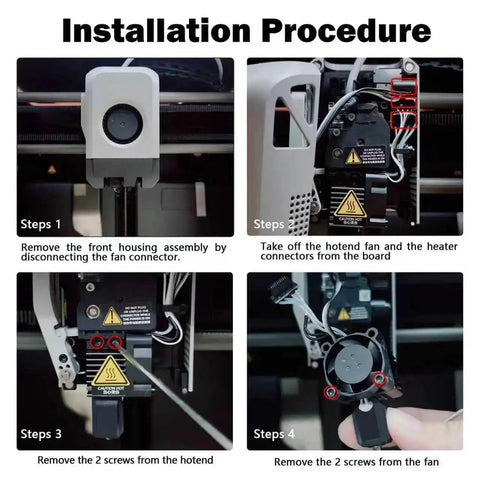 Installation steps for Upgraded 0.4mm Hotend Kit For P1S And P1P 3D Printers; includes disassembly of fan and hotend components.
