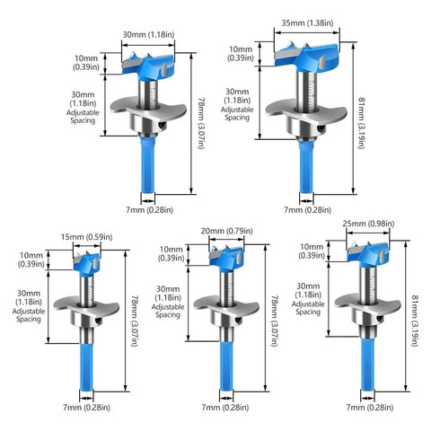 Five Piece Hinge Hole Opener Forstner Drill Bits Set With Cobalt Core Bits for woodworking, showing dimensions and design.