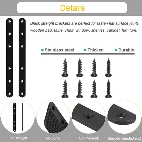 4 Pack Black Straight Brace Brackets 8 Inch Stainless Steel Flat Mending Plates Heavy Duty Repair Fixing Joining Brackets For Wood With Screws Rust Resistant 304 Stainless Steel Coated Black Finish Round End Counterbore Design shown with screws and details.
