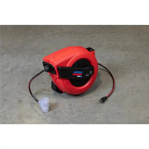 Lincoln Workhorse Heavy Duty 60 Foot Tri Tap Electric Power Cord Reel With 12 3 SJTOW, Grease Oil And Weather Resistant, red