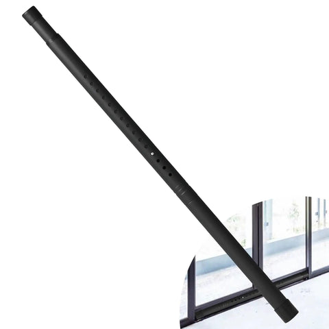 Black stainless steel security bar with rubber tips for sliding doors, adjustable from 17.1 to 40 inches, shown detached and installed.