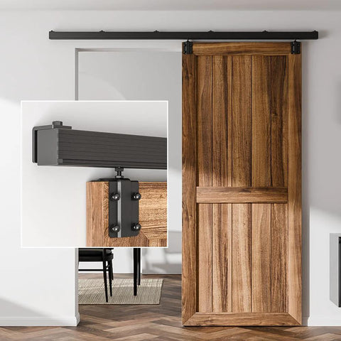 6Ft Box Rail Sliding Barn Door Hardware Kit for Wall Mount Track System with wood door, black powder-coated steel