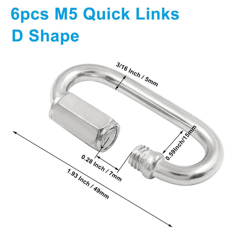 Set Of 6 304 Stainless Steel D Shape Locking Quick Connectors Three Sixteenth Inch M5 Thread Heavy Duty Chain Links with measurements