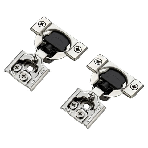 Two satin-nickel concealed cabinet hinges with soft-close, 1/2 inch overlay