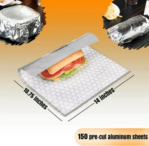 150 Sheets Insulation Aluminum Foil Sandwich Wrapping Paper Sheets 10.75 x 14 Inches with sandwich illustration