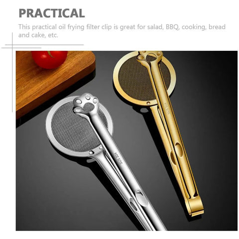 Stainless Steel Oil Strainer Spoon And Frying Oil Filter Clamp With 304 Claw Design, silver and gold, on kitchen counter