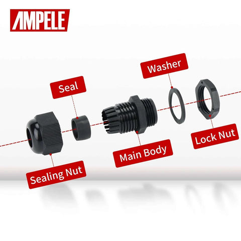 Exploded view of 20 Pack PG13.5 Waterproof Nylon Cable Glands Adjustable 6 To 12mm With Gaskets For Indoor Outdoor Use Black IP68 Sealed Joints.
