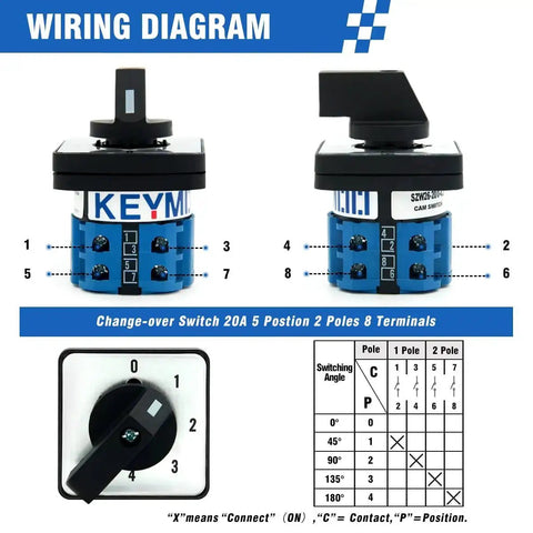 Wiring diagram of Rotary Changeover Switch Five Position Two Pole Eight Terminal Industrial Heavy Duty Selector Switch 660V 20A