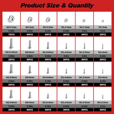 1110 Pcs Micro Screw And Nuts Kit Stainless Steel Phillips Screws M1 For Electronics Watches Glasses And DIY Repairs size chart