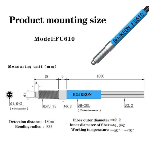 Diagram showing FU610 Fiber Optic Sensor with product dimensions and specifications, highlighting 1 meter cable length and M6 probe.