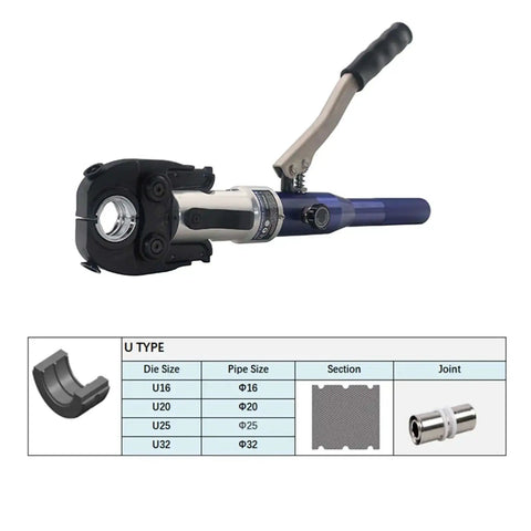 Hydraulic Copper Pipe Press Tool With U TH M V Dies For Fittings And PEX Clamping, pro grade, 60 kN force, and die size chart