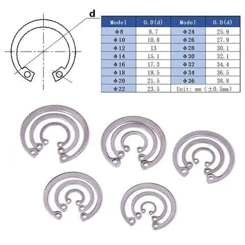 Internal Circlip Snap Ring Kit 200-Piece 15-Size Assortment In 304 Stainless Steel with size chart and ring diagram