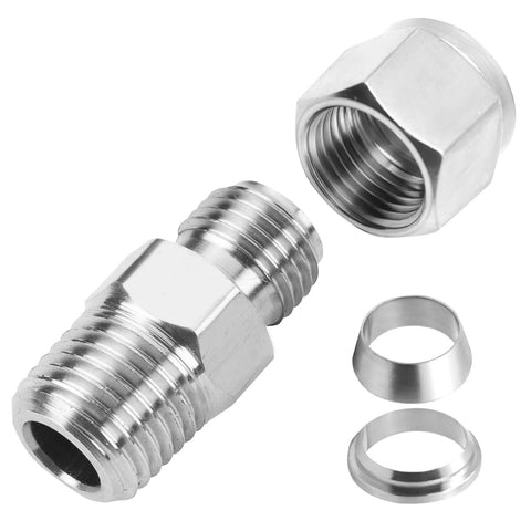304 stainless steel compression tube fitting adapter, 1/8 in NPT male x 6 mm tube OD, 2 pcs with double ferrules