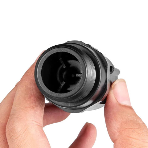 Garden hose pressure regulator, 25 PSI, 3/4 FHT to 3/4 MHT, black plastic, close-up view of connector end