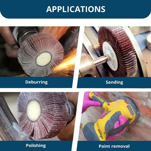 Aluminum Oxide Flap Wheel 1 Inch, 60 Grit for Deburring Sanding Grinding and Paint Removal, 10 Pack with One Quarter Inch Shank, Mounted Sander for Drill and Grinder by Benchmark Abrasives, shown in various application uses.