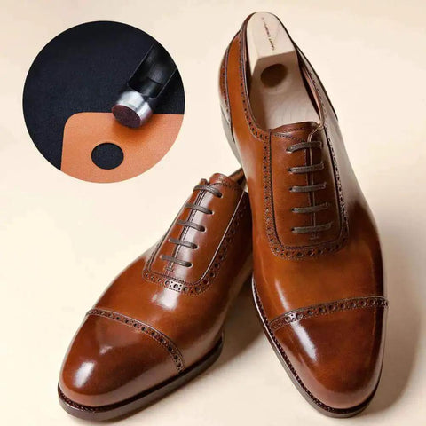 Brown leather shoes with inset showing use of 12 Piece Round Leather Hole Punch Set Pro Grade Hollow Punch Tool 1mm to 10mm.