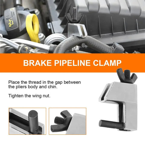 2 Pack Car Brake Line Clamp Set Zinc Alloy Chrome Plated Hose Pinchers installed on automotive hose in engine bay
