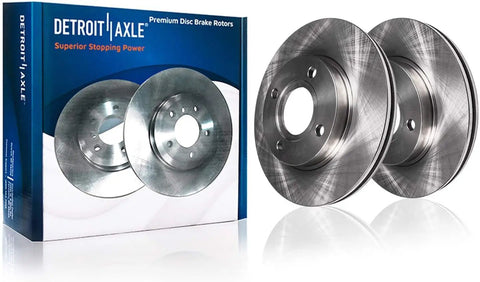 Front Brake Kit For Ford Focus 2008 2009 2010 2011 With Ceramic Brake Pads Premium Disc Rotors Front Wheel Hub Bearing Assembly Hardware Kit 4 Lug With ABS Encoder Replacement showing two premium disc rotors in packaging and standalone.