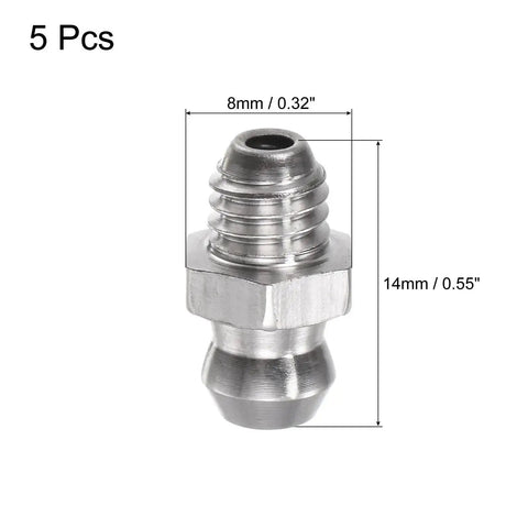 304 Stainless Steel Straight Grease Fittings M6 X 1mm Thread Hydraulic Grease Fittings Kit 5 Pieces close-up view with measurements