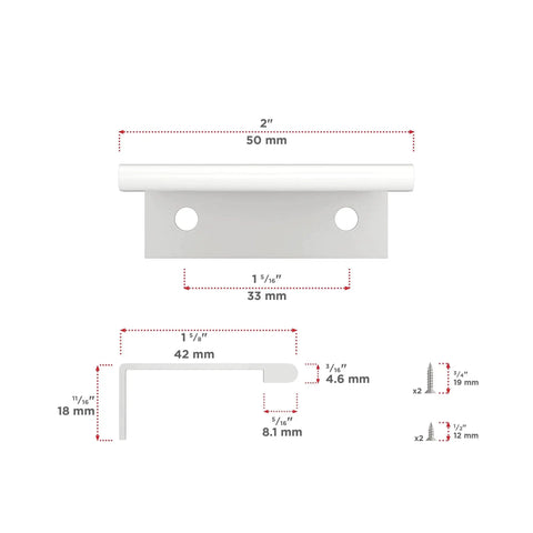 Diagram of Lincoln Collection 1 5/16-Inch Center-To-Center White Modern Cabinet And Drawer Edge Pull Handle with detailed measurements.