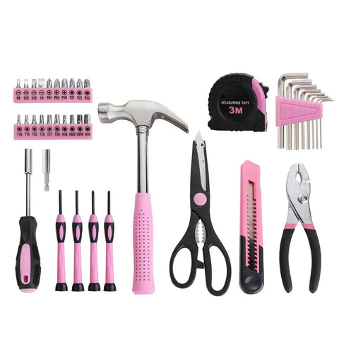 Pink 39 Piece All Purpose Household Tool Kit Set For Women with compact tools like hammer, pliers, tape measure, screwdrivers for DIY projects.