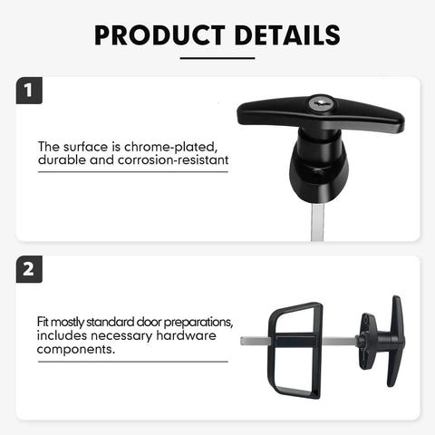 Product details of Shed Door Latch T Handle Lock Kit With Five Keys Set featuring corrosion-resistant chrome-plated design.