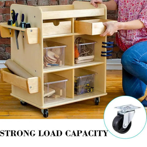 Person using a wooden cart on 1 Inch Castor Wheels Set of 4 for Furniture and Carts, Small Swivel Casters With Top Plate, black wheels visible.