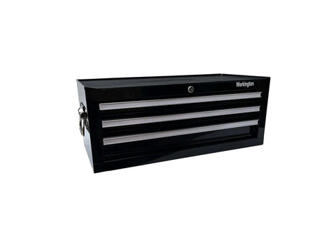 Three Drawer Portable Metal Tool Chest With Locking Cam 26 Inch Mid Size Cabinet Ball Bearing Drawer Slides Steel Tool Storage Box Organizer Black Heavy Duty