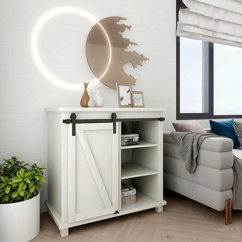 4Ft Sliding Barn Door Hardware Kit For Single Door TV Stands And Small Cabinets With J Shaped Hanger on white cabinet