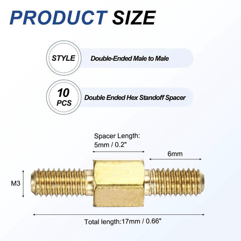 Copper Double Ended Stud M3x6 5 6mm Male To Male Left Right Hand Thread, shown with dimensions and spacer length