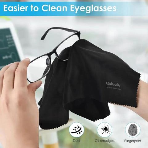 Cleaning eyeglasses with black cloth from 6 Pack 12x12 Microfiber Cloths For Glasses And Screens Individually Wrapped