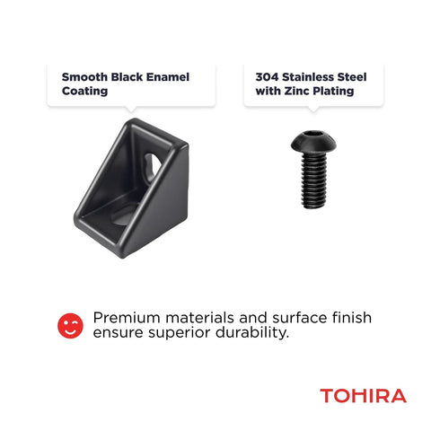 20 Sets Black 2020 Series Aluminum Extrusion Corner Bracket Kit Includes 20 Right Angle Connectors And 40 M5 T Slot Nuts And Screws For 20 Series V Slot Aluminum Profile Accessories Matte Black Finish Rust And Wear Resistant, showing smooth black enamel coating and zinc plated screw.