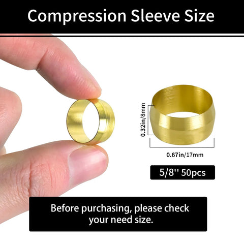 Brass compression sleeve, 5/8 in OD, bore 8 mm, 50 pcs for universal tube fittings