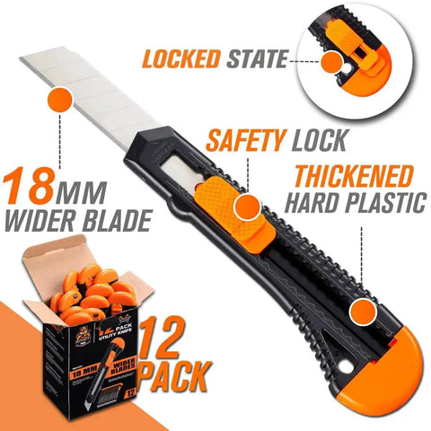 12 Pack Retractable Utility Knife With 18mm Wide Blade For Cardboard Boxes, highlighting blade and safety lock features.