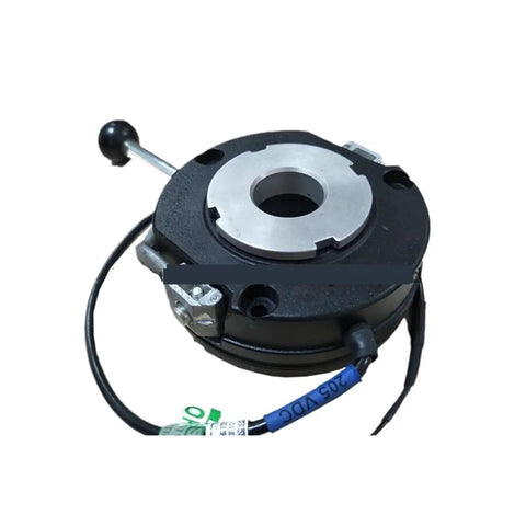 Electromagnetic clutch and brake unit for DC motor reducer; black metal housing with central shaft bore and wiring.