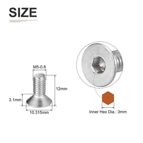 Diagram showing dimensions of M5 0.8 X 12mm Flat Head Socket Cap Screws Set, 25 Pack, 304 Stainless Steel, full thread bolts.