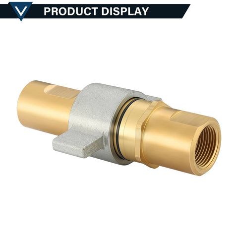 Solimeta 1 inch NPT hydraulic quick-disconnect coupler, brass body with silver sleeve, angled side view